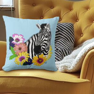 Cojín Decorativo Cebra Azul Floral Daisies Coloridas Vida Silvestre