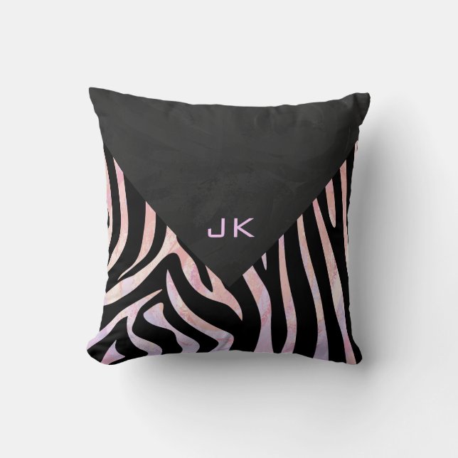 Cojín Decorativo Cebra Monograma Negro y Rosa (Anverso)