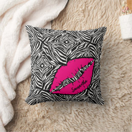 Cojín Decorativo Cebra simple con labios rosados personalizados