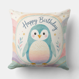 Cojín Decorativo Celebración de Cumpleaños Pingüino Pastel Arcoíris