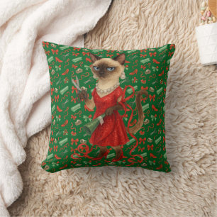 Cojín Decorativo Celebrando la Navidad con gato siamés
