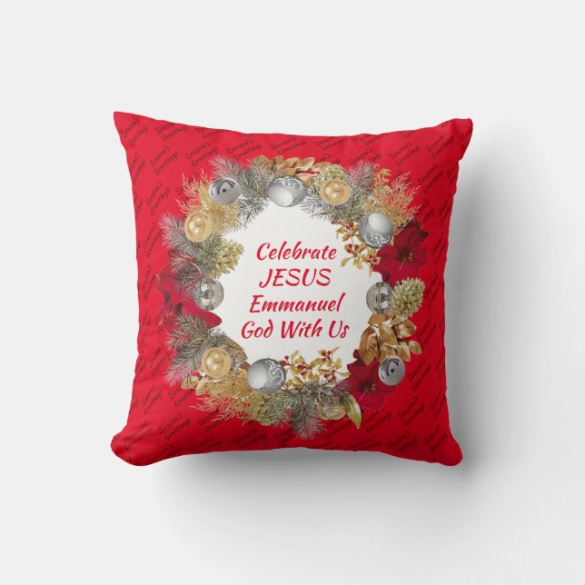 Cojín Decorativo CELEBRAR JESUS EMMANUEL Navidades Wreath Red (Anverso)
