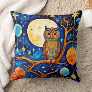 Cojín Decorativo Celestiales de búho caprichosos: estrellas, luna, 