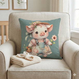 Cojín Decorativo Cerdito Pastel Adorable en Overoles Cottagecore