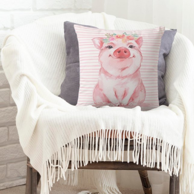 Cojín Decorativo Cerdo acuarela Adorable (A throw pillow decorated with an adorable watercolor pig.)