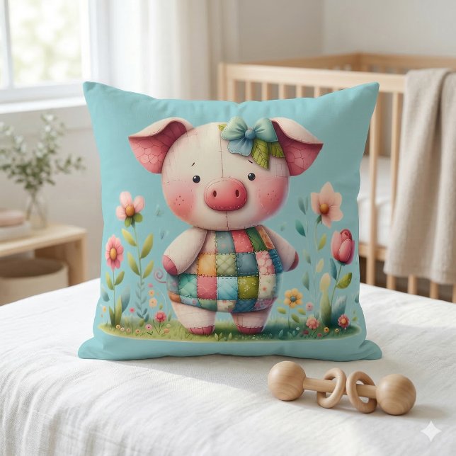 Cojín Decorativo Cerdo caprichoso de parches en jardín floral (Whimsical Patchwork Pig in Floral Garden Throw Pillow Mockup A)