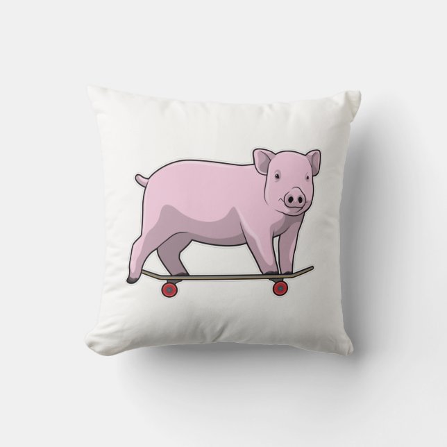 Cojín Decorativo Cerdo como patinador con patineta (Anverso)