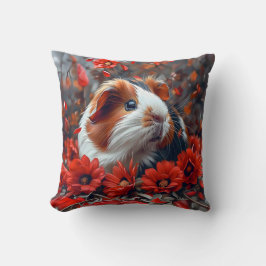 Cojín Decorativo Cerdo guineano entre flores rojas