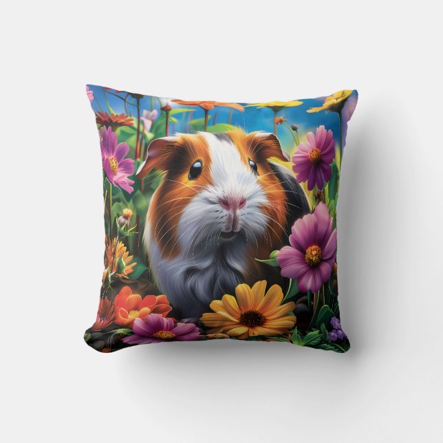 Cojín Decorativo Cerdo guineano entre flores vibrantes (Anverso)