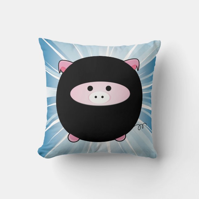 Cojín Decorativo Cerdo Ninja sobre azul (Anverso)