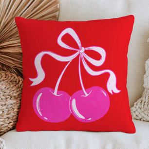 Cojín Decorativo Cereza Rosa sobre Arte de Frutas de Moda en Rojo V