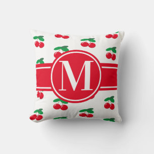 Cojín Decorativo Cerezas Fruto Patrón Rojo Monograma Blanco