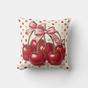 Cojín Decorativo Cerezas Rojas Dulces Lazos Rosados Lunares Retro