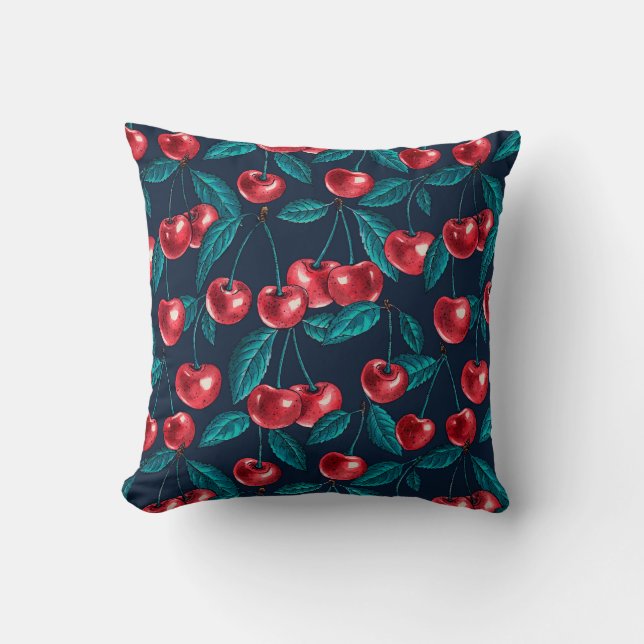 Cojín Decorativo Cerezas rojas en azul oscuro (Anverso)