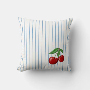 Cojín Decorativo Cerezas rojas sobre patrón de rayas azules