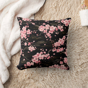 Cojín Decorativo Cerezo japonés monograma Rosa pálido negro