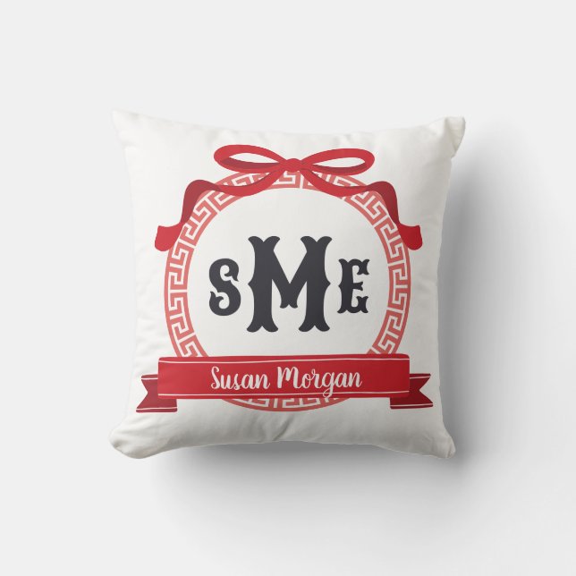 Cojín Decorativo Cerradura de llave griega roja de cereza monograma (Anverso)