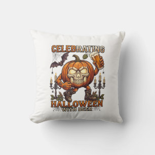 Cojín Decorativo Cerveza de Halloween Calavera Calabaza Murciélago