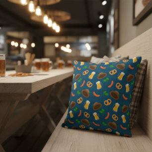 Cojín Decorativo Cerveza Oktoberfest, patrón Pretzel y salchicha