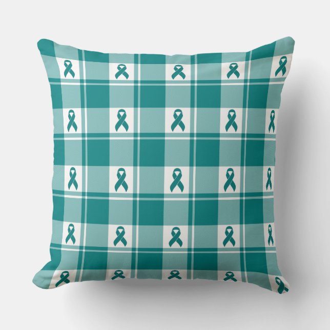 Cojín Decorativo Cervical Cancer Awareness Plaid Teal Ribbon (Anverso)