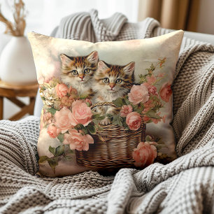 Cojín Decorativo Cesta de gatitos rosas rosadas pintura vintage