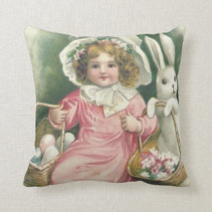 Cojín Decorativo Cesta de Pascua de niña con conejo y huevos de col
