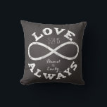 Cojín Decorativo Chalkboard Infinity Love Boda Fecha y nombres<br><div class="desc">¡Celebra el amor infinito entre tu novia y novio favoritos con esta almohada de personalizable! Un símbolo de infinito tiza blanca y un texto de "Amor Siempre" rodean los nombres de una pareja y la fecha boda en un fondo de pizarra negra. Hace un regalo hermoso,  moderno y personalizado.</div>
