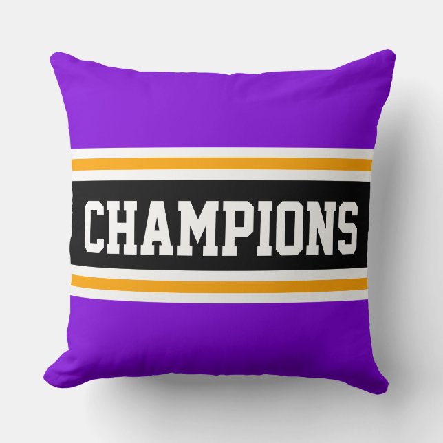 Cojín Decorativo CHAMPIONS Fun Bright Purple Black Athletic Stripes (Anverso)