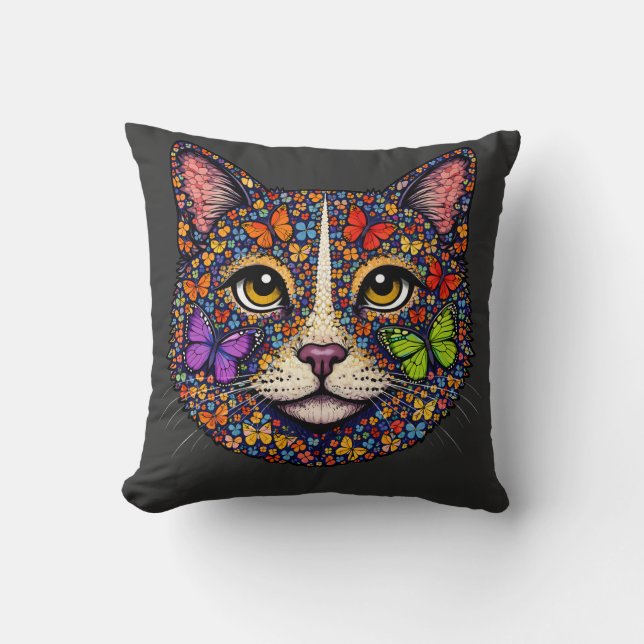 Cojín Decorativo Charcoal Butterfly Blooms Cat Portrait Kitty Lover (Anverso)