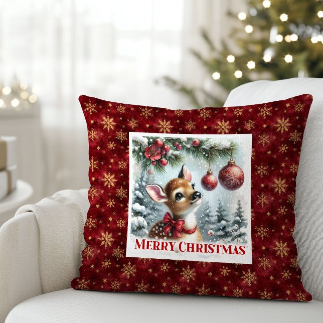 Cojín Decorativo Charming baby fawn festive winter scene Christmas  (Charming baby fawn festive winter scene Christmas pillow)