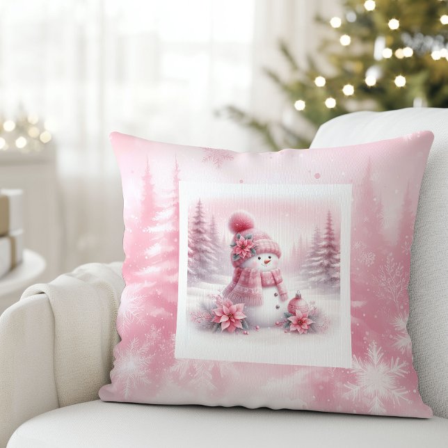 Cojín Decorativo Charming Pink Snowman Pillow Winter Room Style (Charming Pink Snowman Pillow Winter Room Style)