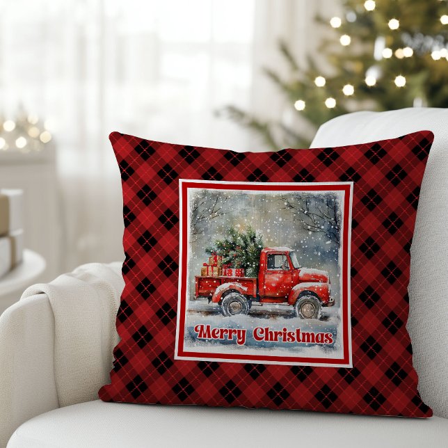 Cojín Decorativo Charming red truck winter scene rustic holiday  (Charming red truck winter scene rustic holiday Throw Pillow )