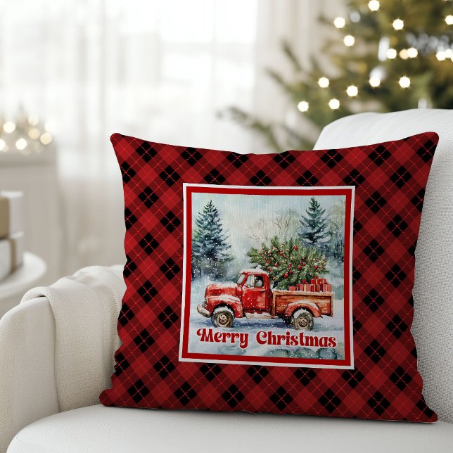 Cojín Decorativo Cheerful red truck Christmas scene rustic bold  (Cheerful red truck Christmas scene rustic bold pillow joy

)
