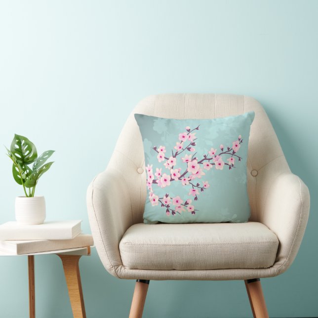 Cojín Decorativo Cherry Blossoms Turquoise Monogram (Silla)