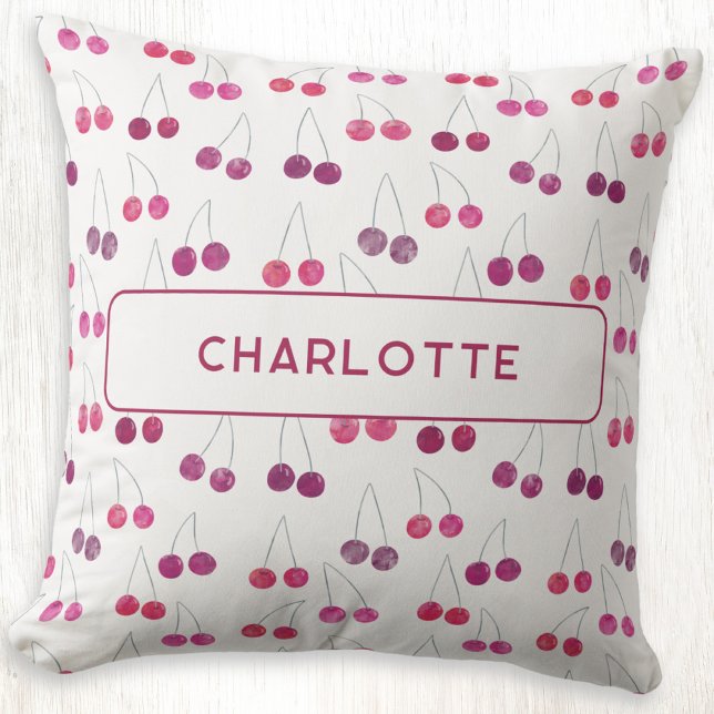 Cojín Decorativo Cherry Watercolor Personalizado (Personalized custom name watercolor cherriespattern throw pillow)