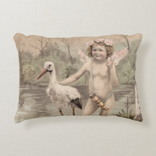 Cojín Decorativo Cherub vintage con cigüeña por lago