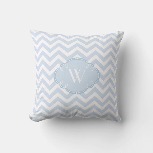 Cojín Decorativo Chevron azul y blanco con el monograma (Anverso)