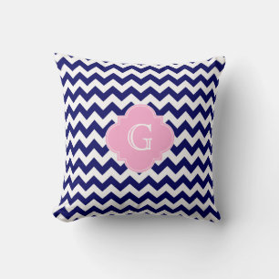 Cojín Decorativo Chevron Blanco de la Marina ZigZag Monograma Cuatr