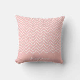 Cojín Decorativo Chevron en zigzag ondulado rosa y blanco y nombre