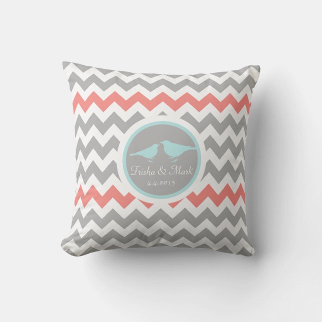 Cojín Decorativo Chevron Gray Aqua Boda de pájaro blanco Pillow (Anverso)