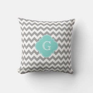 Cojín Decorativo Chevron Gris Blanco Aqua Cuatro Hojas Monograma
