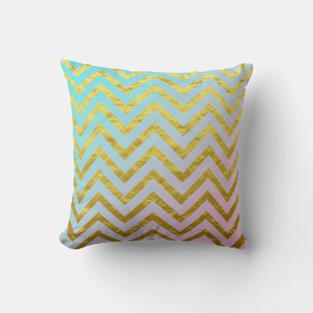 Cojín Decorativo Chevron Papel Dorado Azul Turquesa Rosa Ombre Feme (Anverso)
