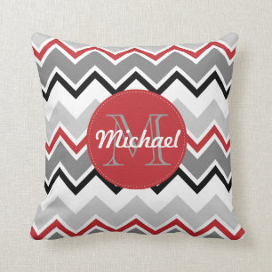 Cojín Decorativo Chevron Red Gray Black Monogramed Circle Stitts