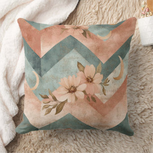 Cojín Decorativo Chevron Retro Pastel con Flores y Lunas