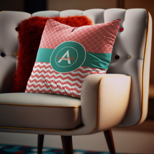 Cojín Decorativo Chevron verde azulado coralino Quatrefoil