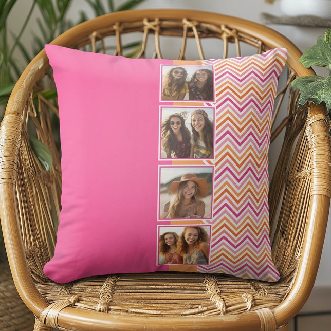 Cojín Decorativo Chevrons, Naranja rosado caliente, Collage de foto (Custom Photo Pillow - Add Your Own Pics!)