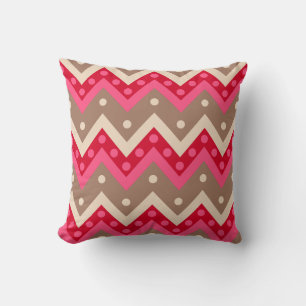 Cojín Decorativo Chevrons y puntos - rosa coral y taupe