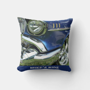 Cojín Decorativo Chevy azul 1957, nombre o mensaje, su foto