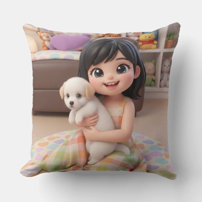 Cojín Decorativo Chibi Girl Hugging White Puppy Dog Throw Pillow (Anverso)