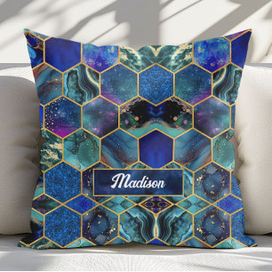 Cojín Decorativo Chic femenino falso brillo azul turquesa geométric